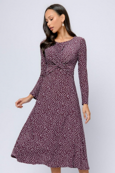 Платье бордовое с принтом длины миди с отделкой на груди и длинными рукавами 1001 DRESS со скидкой